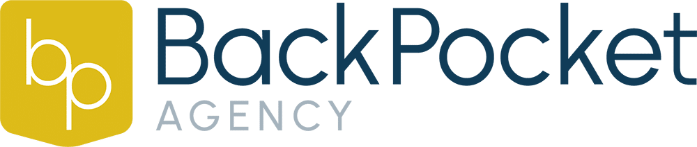 BackPocket Agency logo featuring a white "bp" monogram on a gold pocket-shaped background, with "BackPocket" in dark blue and "Agency" in gray.