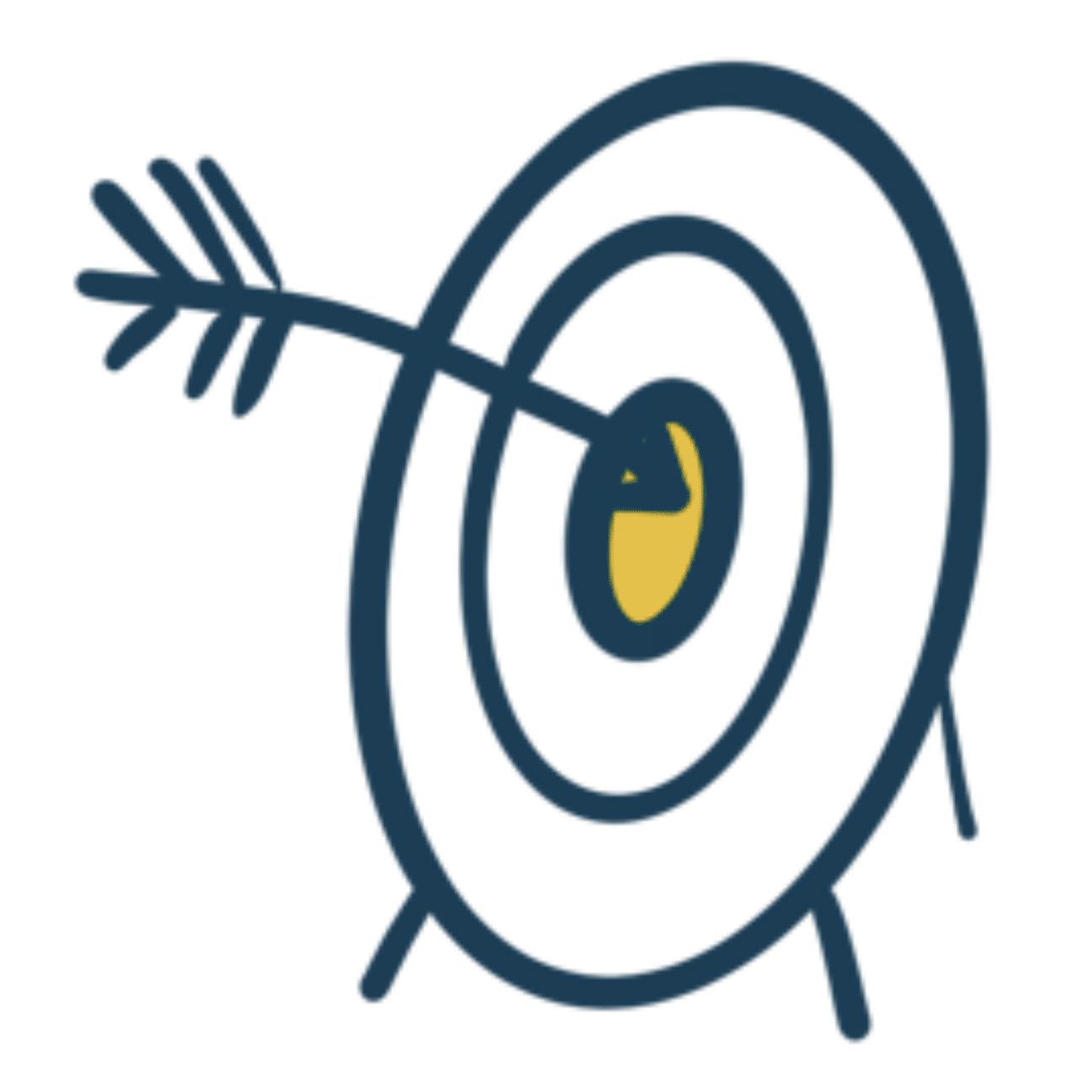 Hand-drawn bullseye target with an arrow hitting the center in navy blue and gold.