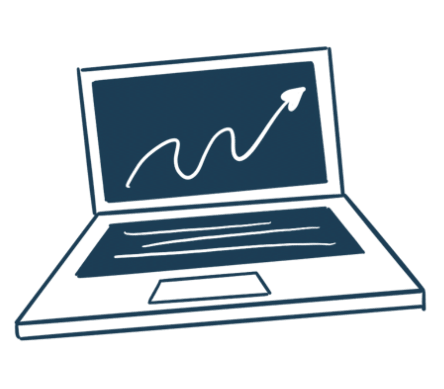 Hand-drawn laptop icon in navy blue with an upward-trending arrow on the screen.