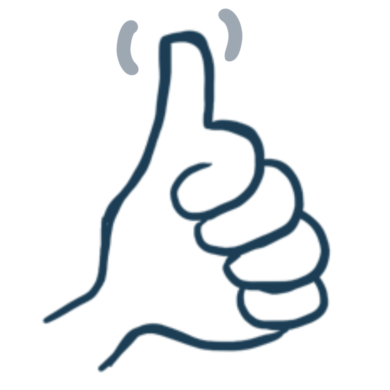 Hand-drawn thumbs-up icon in navy blue with motion lines indicating approval or success.