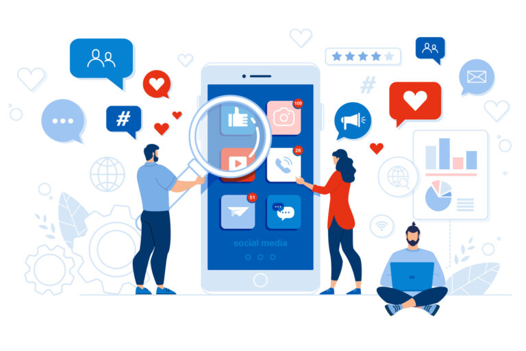 People and Comprehensive Mobile Application Social Media Audit. Man with Magnifying Glass and Woman Checking App Design, Usability. Guy at Laptop Conducting Code Analysis Security. Vector Illustration