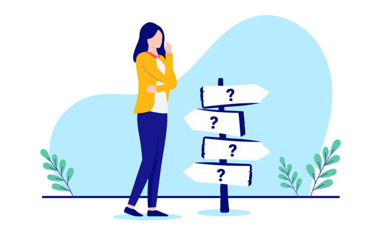 Female person standing by life crossroad contemplating and wondering about choices. Flat design vector illustration with white background