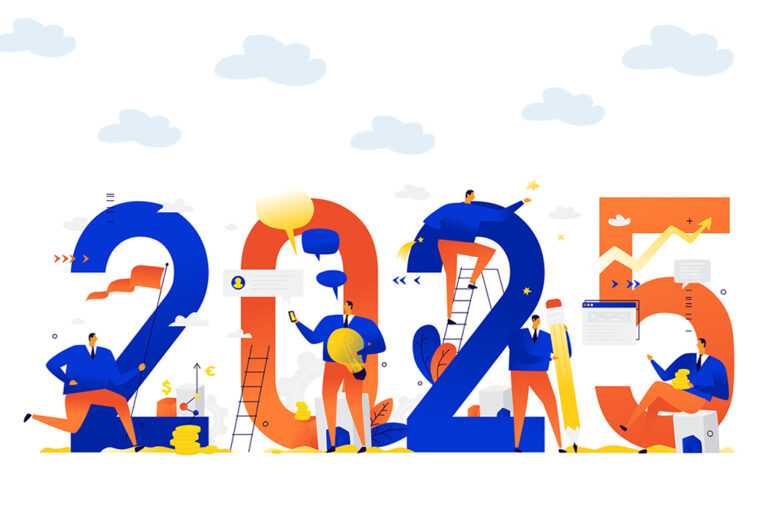 Office staff are preparing to meet the new year 2025. Vector illustration. Cartoon characters repair the numbers. Image is isolated on white background. Flat illustration for banner and site.