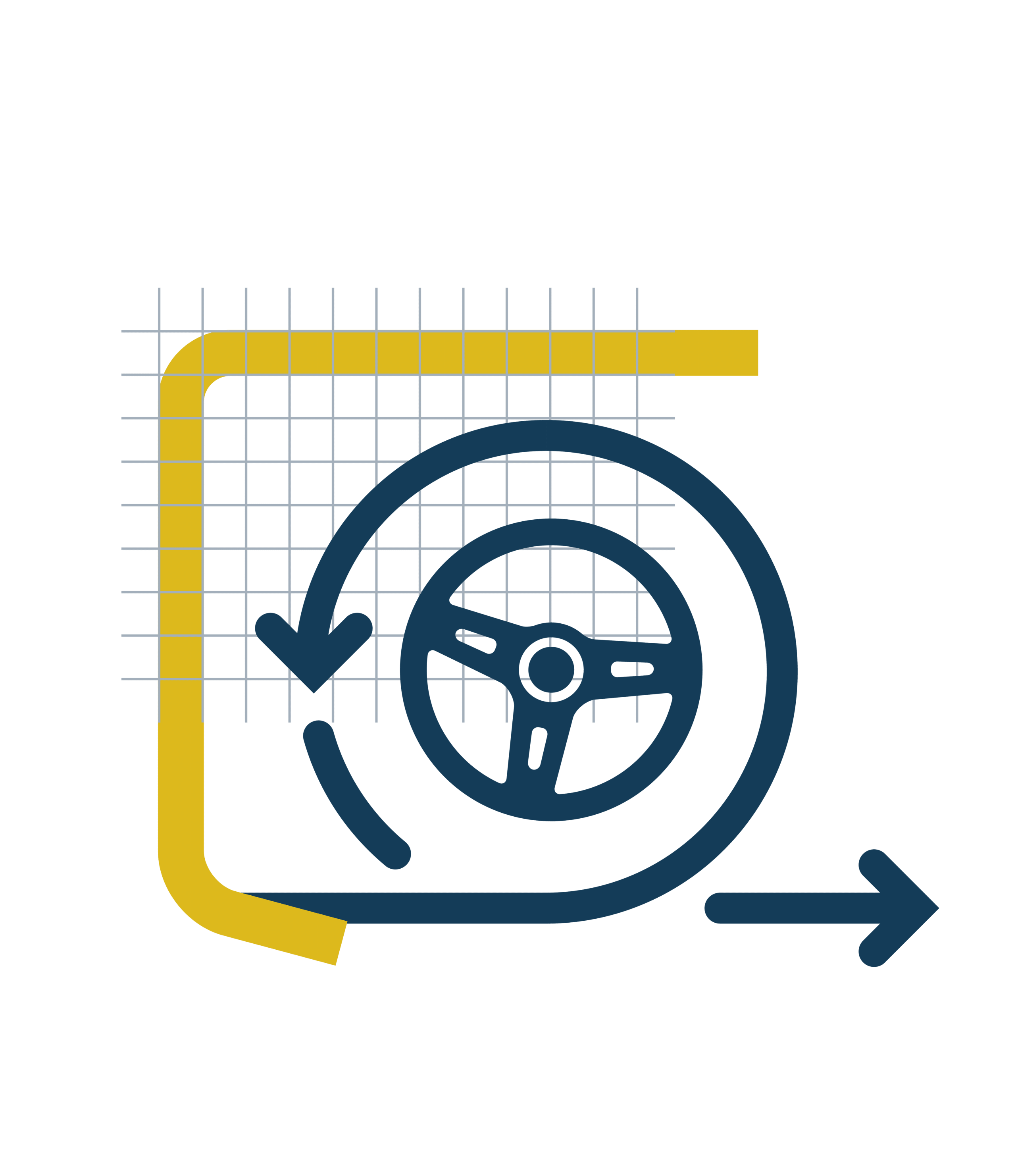 An abstract illustration of a steering wheel with circular motion arrows, a directional arrow pointing forward, a grid background, and a bold yellow bracket, symbolizing adaptability, strategy, and progress.