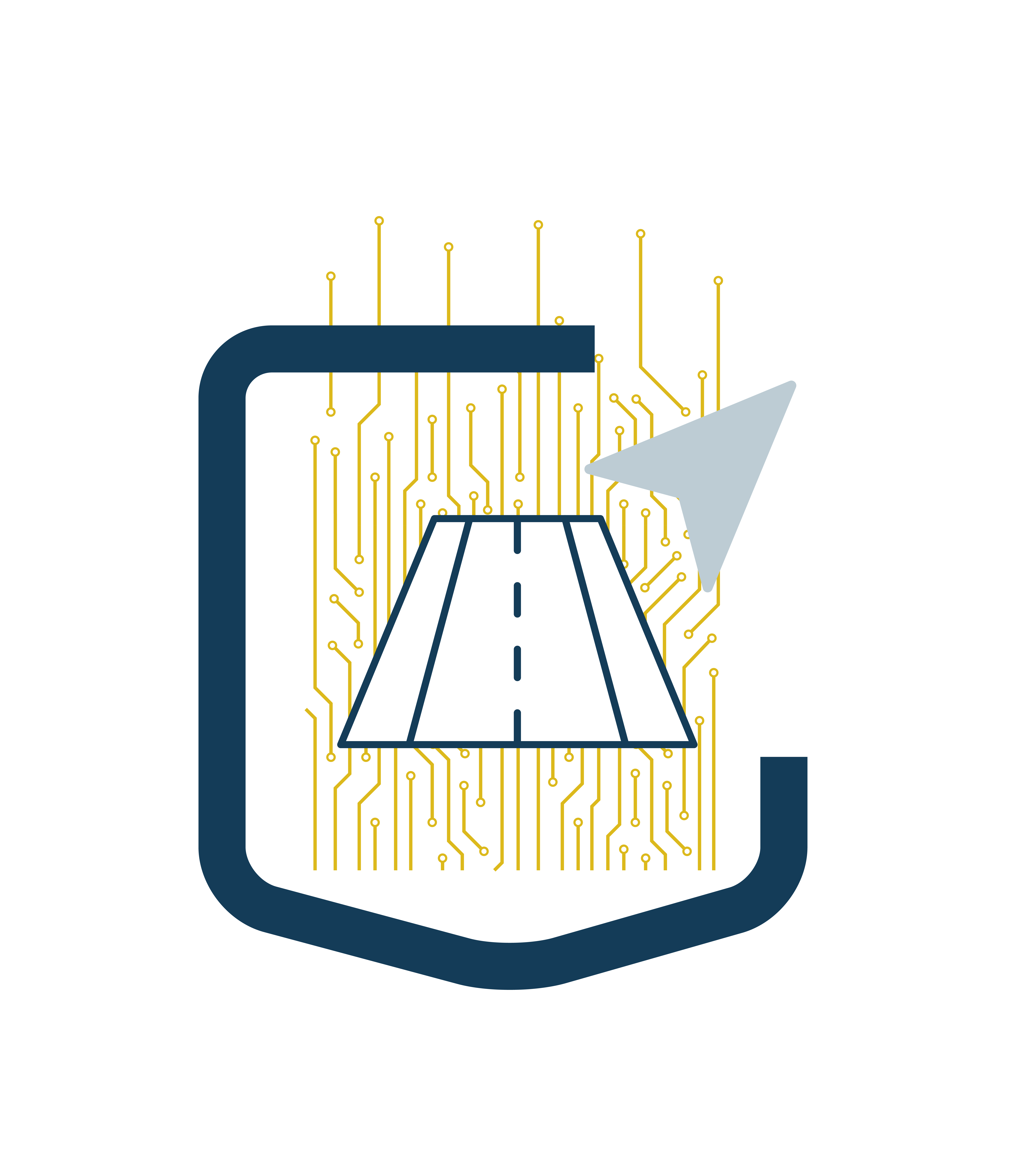 Abstract illustration of a digital road with circuit lines, a navigation arrow, and a structured bracket, symbolizing data-driven strategy and guided direction.