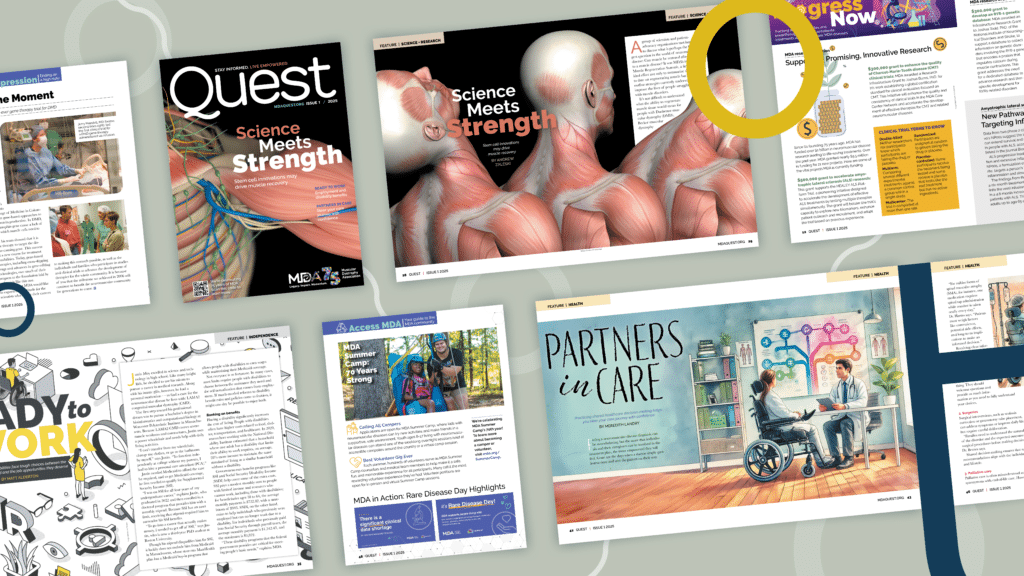 A collection of magazine spreads from "Quest" featuring visually compelling layouts, bold headlines, scientific illustrations, and engaging storytelling on topics like muscle research, healthcare, and accessibility.