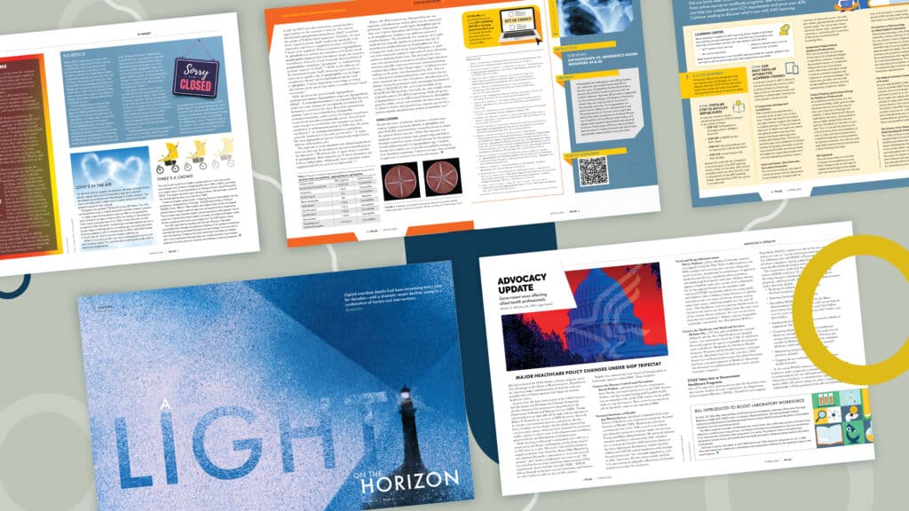A collection of Pulse magazine spreads featuring articles, infographics, and a cover with the title A Light on the Horizon. The layouts include a mix of text, images, and design elements to enhance readability and engagement.