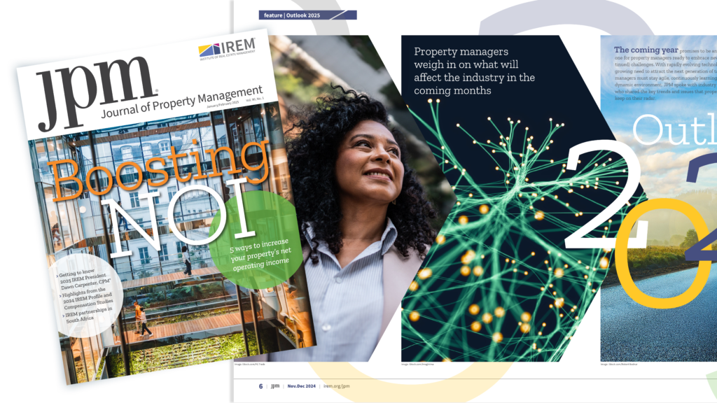 A magazine cover and spread from Journal of Property Management featuring the headline "Boosting NOI" on the cover and "Outlook 2025" inside, with images of a professional woman, a digital network visualization, and a scenic landscape.