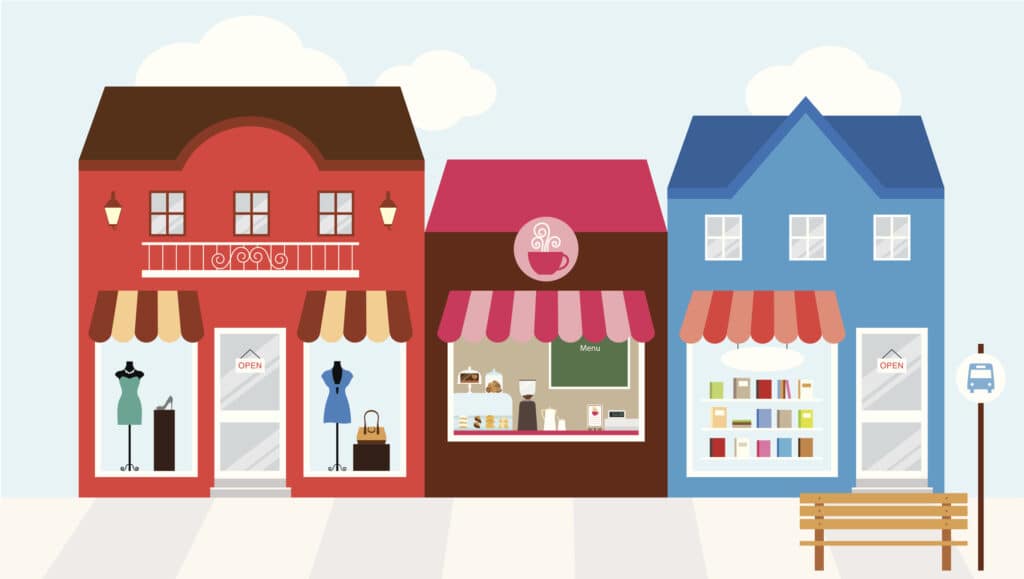 Vector illustration of strip mall shopping center.