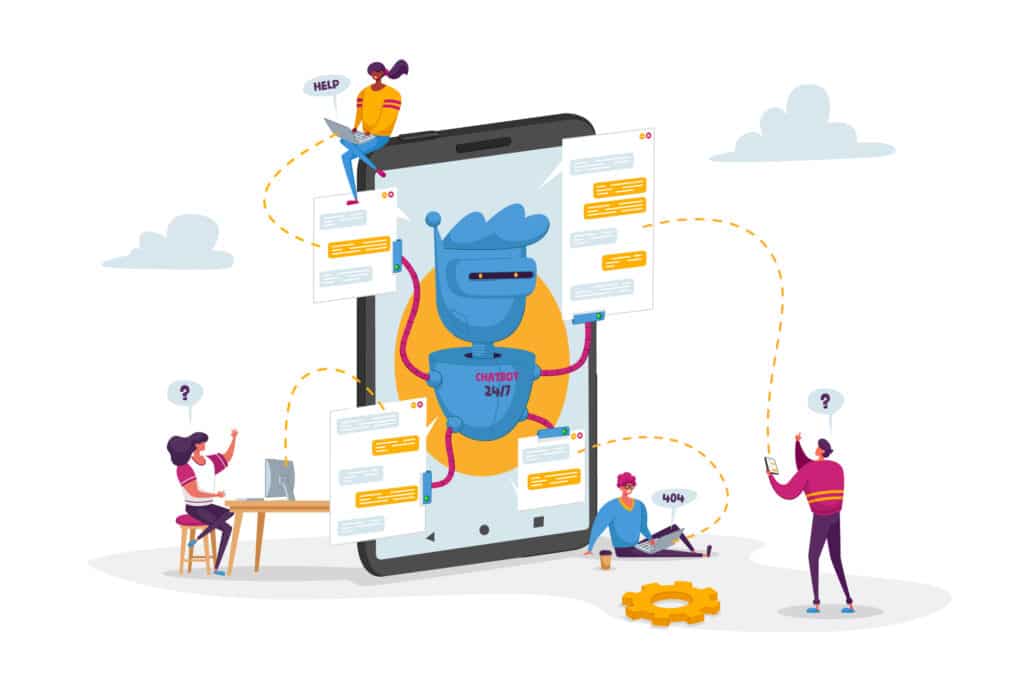 Tiny Characters around Huge Mobile with Robot Assistant. Artificial Intelligence in Human Life. Chatbot Help Clients Online Answer Questions, Ai Cyborgs Faq Service. Cartoon People Vector Illustration