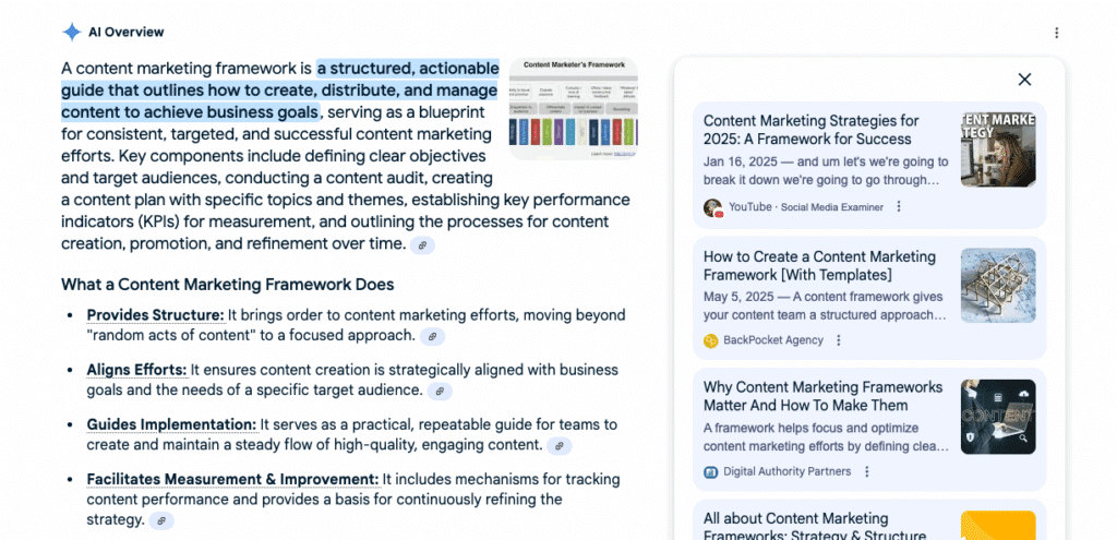 Screen shot of the Google AI Overview for "content marketing framework"