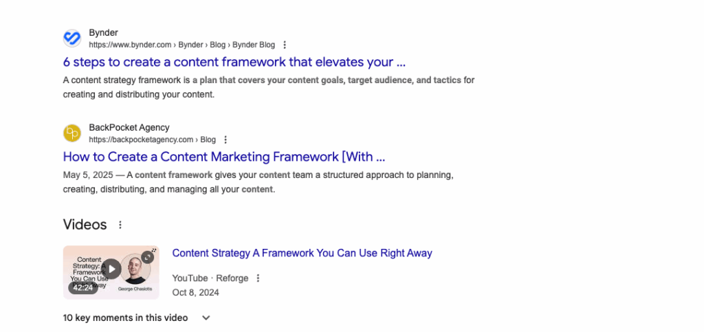 Screen shot of a page 1 SERP for "content marketing framework"