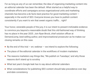 Screen shot of a description for a webinar titled The People vs. The Editorial Calendar 