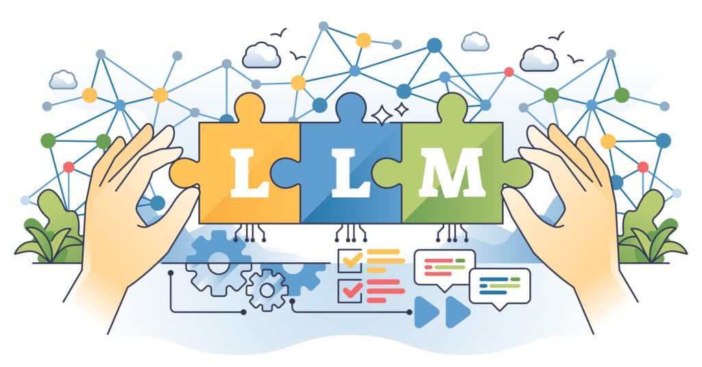 Colorful illustration to with two hands piecing together puzzle pieces to read LLM