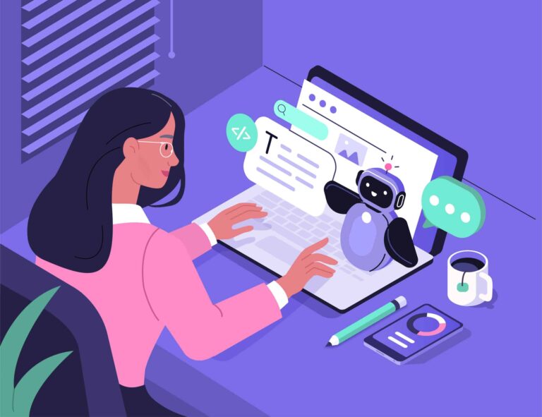 Character working as prompt engineer generating text and image content with generative AI model  and chat bot. Artificial intelligence in business concept. Vector illustration.