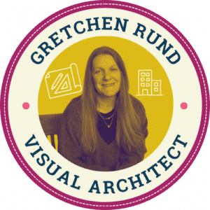 Gretchen, the Visual Architect at BackPocket, smiling confidently against a golden backdrop with icons of design tools and buildings.