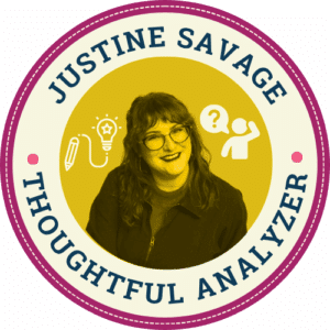 Justine, the Thoughtful Analyzer at BackPocket, smiling warmly against a golden background, surrounded by icons of a lightbulb, pen, and question mark.