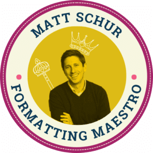 Matt Schur, the Formatting Maestro at BackPocket, smiling with arms crossed in front of a gold backdrop.