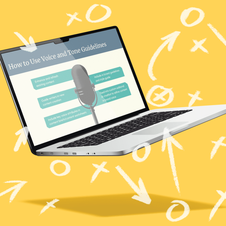 A floating laptop displaying a slide titled "How to Use Voice and Tone Guidelines," with a microphone graphic and key points, against a yellow background with white strategic playbook-style markings.